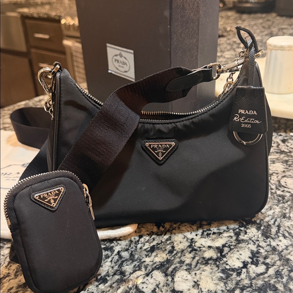 Prada Black Nylon Crossbody with Logo Strap and Mini Pouch